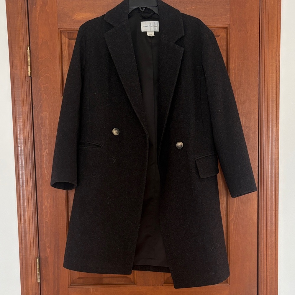 Club Monaco Black Double-Breasted Wool Blend Trench Coat